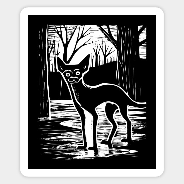 Chupacabra Night Stalking Black and White Art - Cryptid Noir Sticker by Soulphur Media